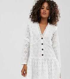 Свободное платье мини на пуговицах с вышивкой ASOS DESIGN Tall - Белый