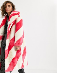 Длинное пальто из искусственного меха в карамельную полоску Jakke - Розовый