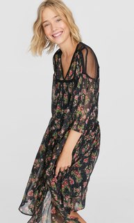 Платье миди с принтом и объемными рукавами Stradivarius