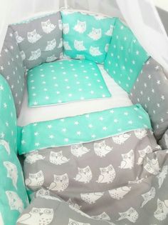 Комплект постельного белья By Twinz Совята, цвет: серый/салатовый 7 предметов бортики 10 шт