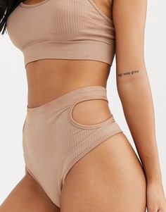 Стринги в рубчик с вырезом и завышенной талией ASOS DESIGN - Blaisha - Коричневый