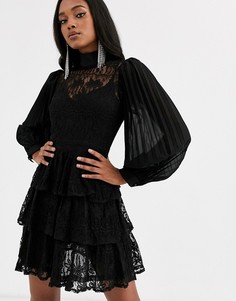 Черное кружевное платье мини с высоким воротом Forever U - Черный