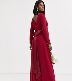 Темно-красное платье макси с длинными рукавами и атласным бантом на спине TFNC Maternity Bridesmaid - Красный