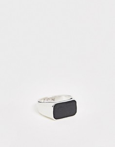 Серебристое кольцо-печатка с прямоугольным черным камнем Icon Brand - Серебряный