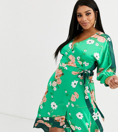Зеленое атласное платье-кимоно миди со смешанным цветочным принтом Liquorish Plus - Зеленый
