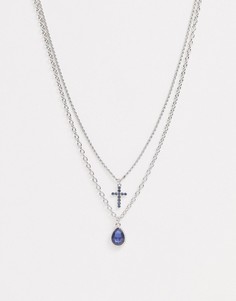 Серебристое ожерелье-цепочка в несколько рядов с подвеской-крестом Uncommon Souls - Синий