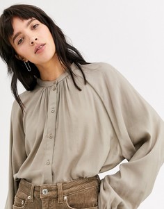 Серо-коричневая блузка с пуговицами и пышными рукавами на манжетах Weekday - Серый