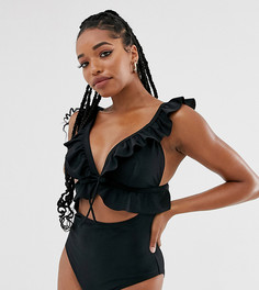 Эксклюзивный черный слитный купальник с чашечками размеров D-F и оборками Peek & Beau Fuller Bust - Черный