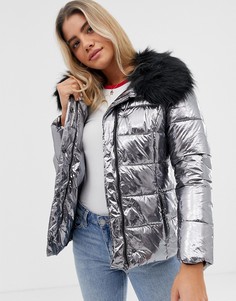 Дутая куртка с эффектом металлик и отделкой искусственным мехом Urban Bliss - Серебряный