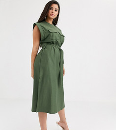 Платье миди без рукавов с поясом и карманами в стиле милитари ASOS DESIGN Petite - Зеленый