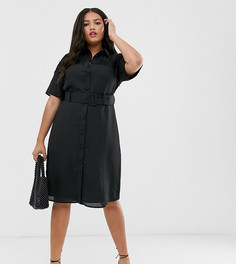 Платье-рубашка миди с пуговицами, кружевной отделкой и поясом Fashion Union Plus - Черный
