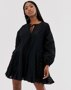 Платье-трапеция мини с вышивкой ришелье ASOS DESIGN - Черный