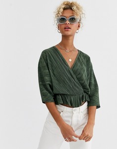 Топ цвета хаки с плиссировкой, запахом и поясом ASOS DESIGN - Зеленый