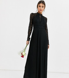 Черное плиссированное платье макси с длинными рукавами и кружевными вставками TFNC Bridesmaid - Черный