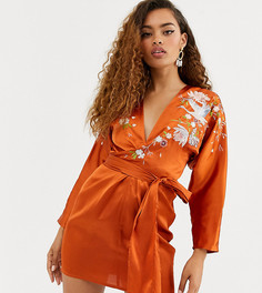 Платье мини с рукавами летучая мышь и цветочной вышивкой ASOS DESIGN Petite - Оранжевый
