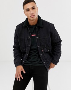 Черная выбеленная джинсовая куртка с накладным карманом и меховой подкладкой Levis - Черный