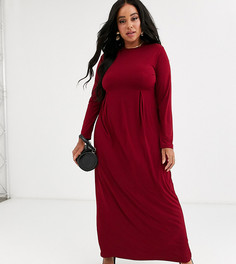 Бордовое трикотажное платье макси с длинными рукавами и складками Verona Curve - Красный