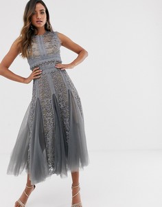 Серое кружевное платье миди с вышивкой Bronx & Banco megan - Серый