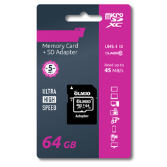 Карта памяти 64Gb - Olmio microSDXC UHS-I Class 10 39127 с переходником под SD