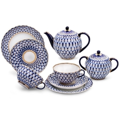 Сервиз чайный ЛФЗ, форма тюльпан - кобальтовая сетка, 6 персон, 20 предметов