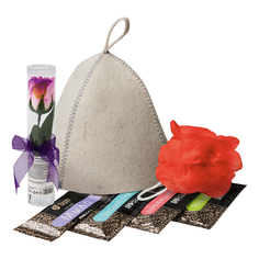 Подарочный набор 7 предметов в пакете ПВХ с крючком (шапка, мыльные цветы "Роза", мочалка, бальзам, шампунь, гель, мыло) "Банные штучки"/20