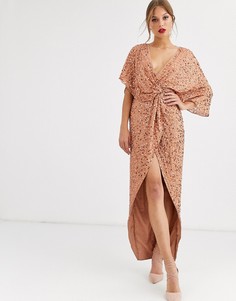 Платье-кимоно макси с перекрученной отделкой спереди и пайетками ASOS DESIGN - Коричневый
