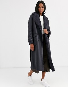 Длинное двустороннее пальто из цигейки с поясом Urbancode - Темно-синий