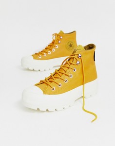 Высокие кожаные кроссовки желтого цвета на массивной рифленой подошве Converse Hiker - Желтый
