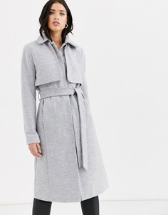Длинное пальто с поясом и накидкой Fashion Union - Серый