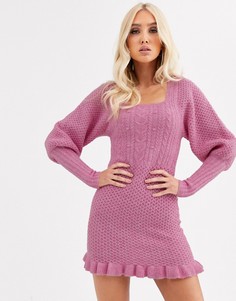 Платье мини вязки в косичку с пышными рукавами ASOS DESIGN - Розовый