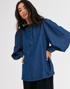 Джинсовая блузка с пышными рукавами Selected Femme - Синий