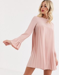 Плиссированное платье-трапеция мини с длинными рукавами ASOS DESIGN - Розовый
