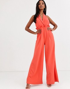 Комбинезон с глубоким вырезом и оборкой на талии ASOS DESIGN - Розовый