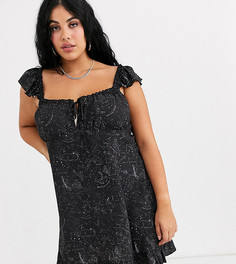 Чайное платье с квадратным вырезом, смешанным принтом знаков зодиака и с оборками New Girl Order Curve - Черный