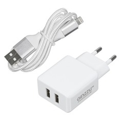 Сетевое зарядное устройство Ginzzu GA-3313UW, 2xUSB, 8-pin Lightning (Apple), 3.1A, белый