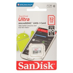 Карта памяти microSDHC UHS-I SANDISK Ultra 80 32 ГБ, 80 МБ/с, 533X, Class 10, SDSQUNS-032G-GN3MN, 1 шт.