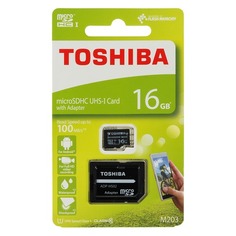 Карта памяти microSDHC UHS-I Toshiba M203 16 ГБ, 100 МБ/с, Class 10, THN-M203K0160EA, 1 шт., переходник SD