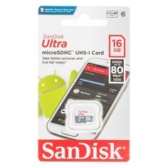 Карта памяти microSDHC UHS-I Sandisk Ultra 80 16 ГБ, 80 МБ/с, 533X, Class 10, SDSQUNS-016G-GN3MN, 1 шт.