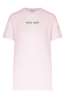 Розовая футболка с логотипом и принтом Miu Miu