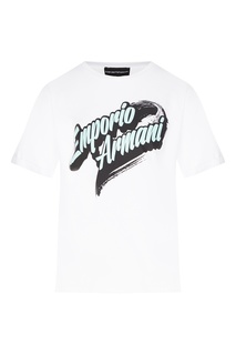 Белая футболка с зеленой надписью Emporio Armani