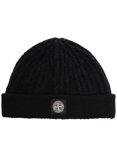 Stone Island logo embroidered rib knit beanie hat