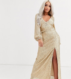 Золотистое платье макси с длинными рукавами и разрезом Club L London Petite