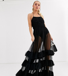 Черное ярусное платье макси из тюля с отделкой на лифе Lace & Beads