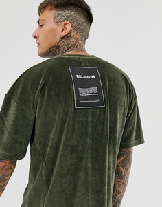 Велюровая oversize-футболка цвета хаки с заниженной линией плеч Religion