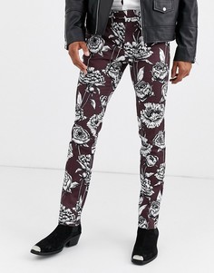 Бордовые облегающие брюки с цветочным принтом Twisted Tailor