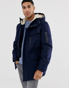 Темно-синее пальто с капюшоном Lacoste