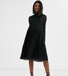 Черное плиссированное платье миди с длинными рукавами и кружевными вставками TFNC Maternity Bridesmaid
