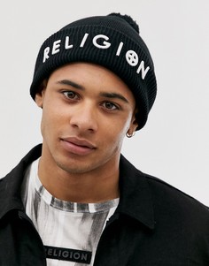 Черная шапка с помпоном и логотипом Religion