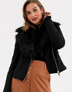 Черная байкерская куртка из искусственной замши с меховым воротником River Island