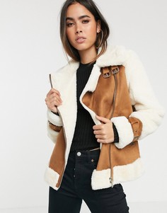 Светло-коричневая куртка-авиатор со вставками из искусственной цигейки River Island